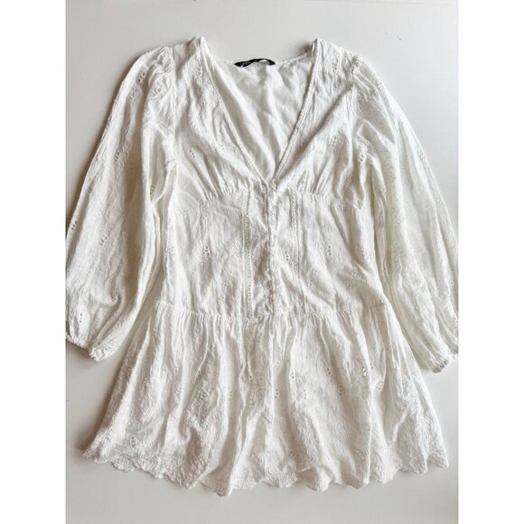 ZARA White Cotton Embroidered Eyelet Long Sleeve Button Front Mini Dress, Size M - Picture 5 of 16